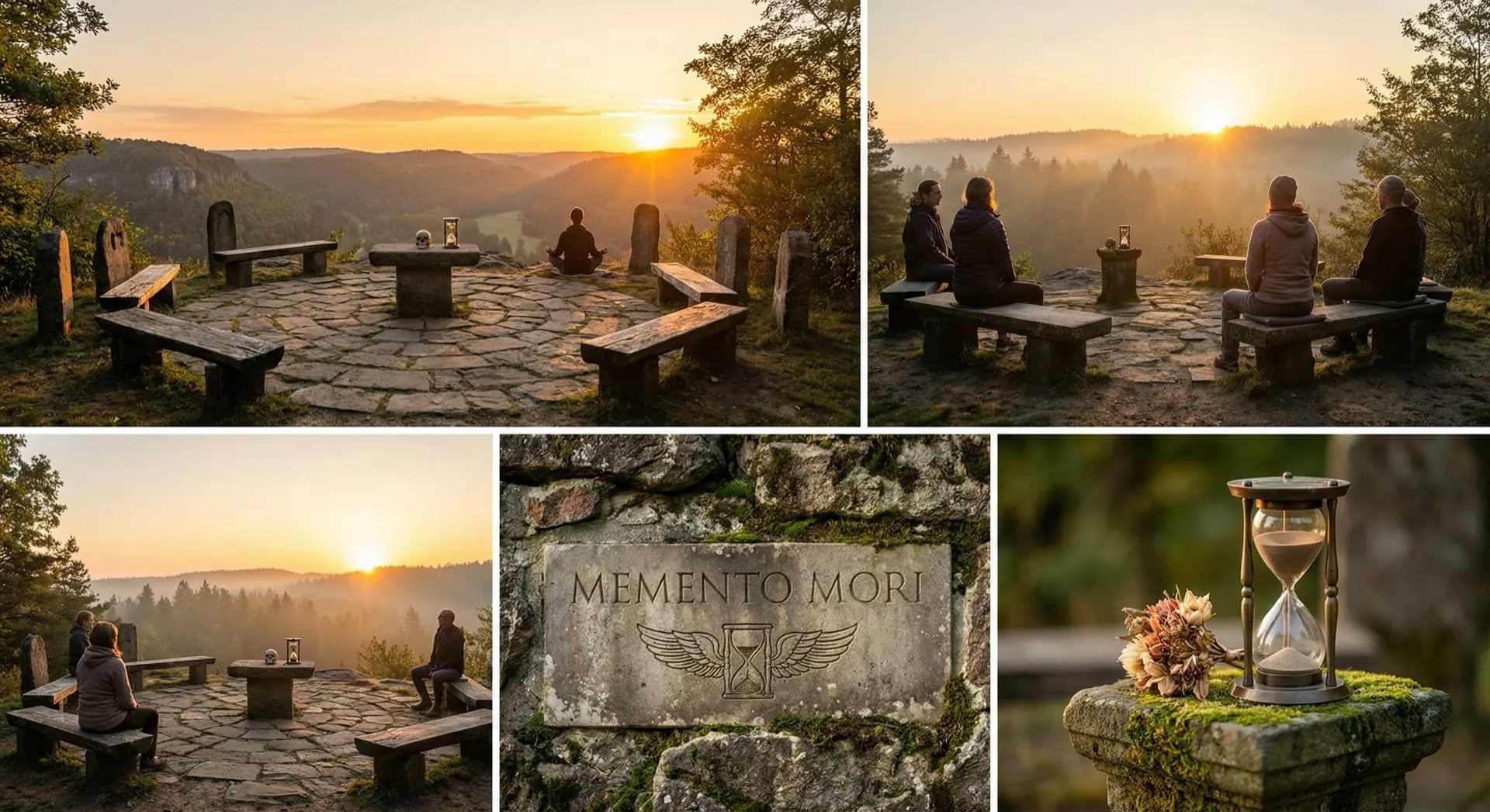 Meditation sanctuary at golden hour sunset