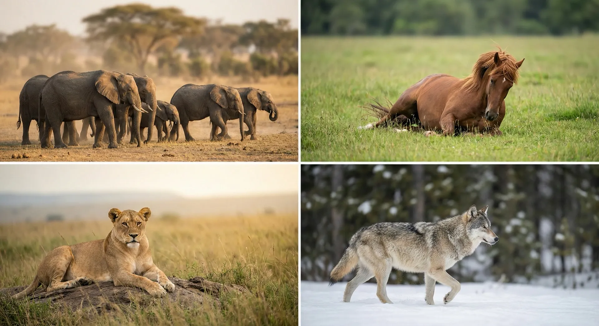 Wildlife — elephants, horses, lions, wolves in sanctuary
